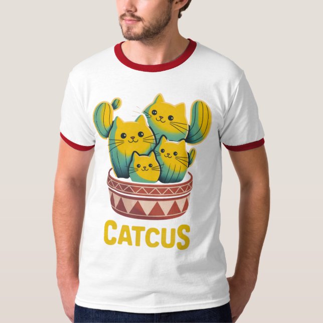 Rolig Catcus Katt Kaktus Skämt Herrars Ringarmet T Shirt (Framsida)