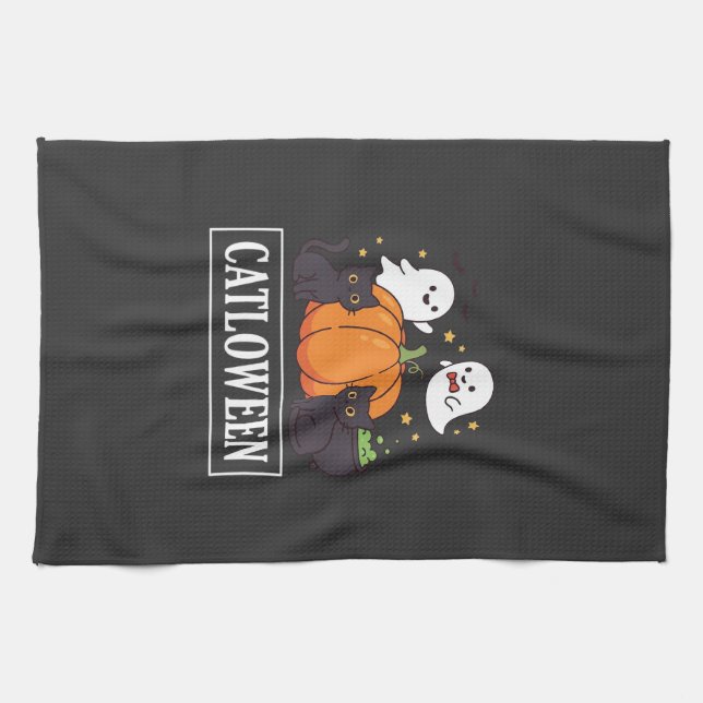 Rolig Catloween Halloween Katt Spök Pumpa Design Kökshandduk (Horisontell)