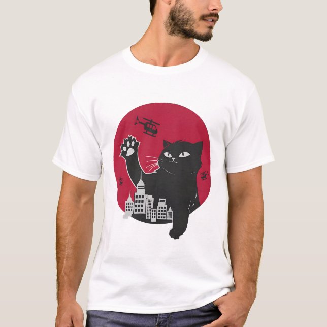 Rolig Catzilla Jätte Svart Katt Godzilla T Shirt (Framsida)