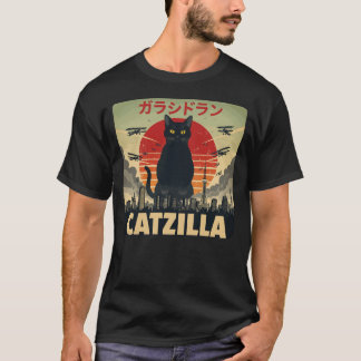 Rolig Catzilla Retro Kaiju Svart Katt Jätte Monste T Shirt