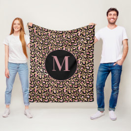 Rolig Chic Rosa Svart Guld Gepard/Leopard Monogram Fleecefilt