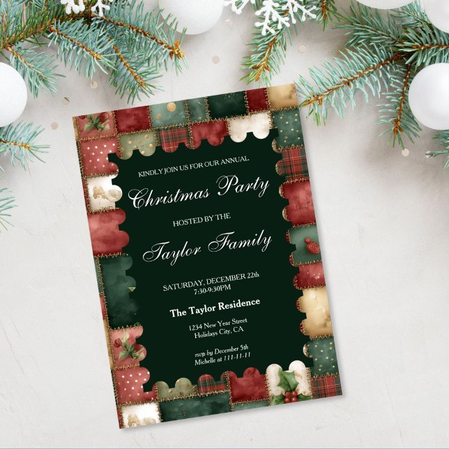 Rolig Chic Vinter Grönska Julfest Inbjudningar (christmas patchwork colorful warm watercolor party invitation)