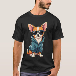 Rolig chihuahua-hund lätt distrad av stor hund t shirt