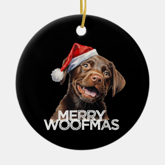 Rolig choklad lab hund jultomte hatt GLAD JULHUND Julgransprydnad Keramik (Framsidan)
