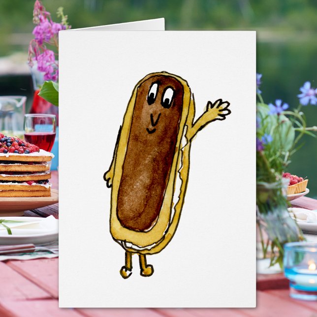Rolig chokladéclair Snygg tårta Tecknad konst Hälsningskort (Chocolate eclair cute watercolor cartoon art greetings card for baking and cake sweet treat lovers)