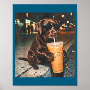 Rolig chokladlabb som dricker iskaffedrycker för ä poster