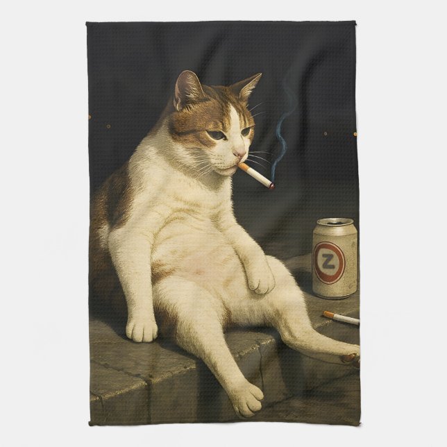Rolig Cigarettrullande Katt Gen Z-Meme Kökshandduk (Vertikal)