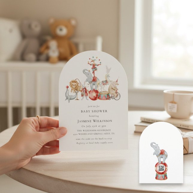rolig Circus Baby Shower med qr-kod Inbjudan (Skapare uppladdad)