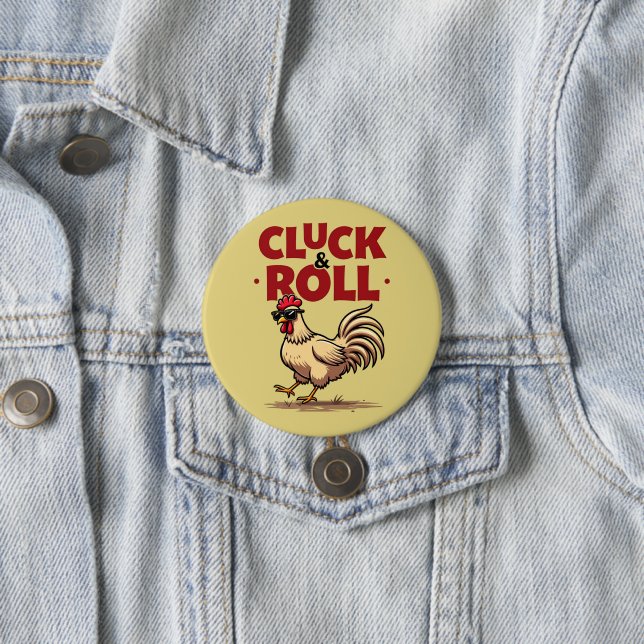 Rolig "Cluck & Roll" Cool Rooster Tecknad Design Knapp (In Situ)
