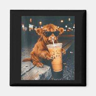 Rolig cool högländsk ko som dricker iskaffe magnet