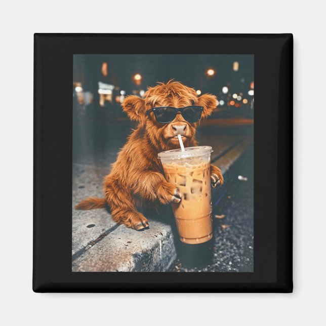 Rolig cool högländsk ko som dricker iskaffe magnet (Framsidan)