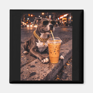 Rolig Cool Pitbull Hund Dricker Iced Kaffe Djur Magnet