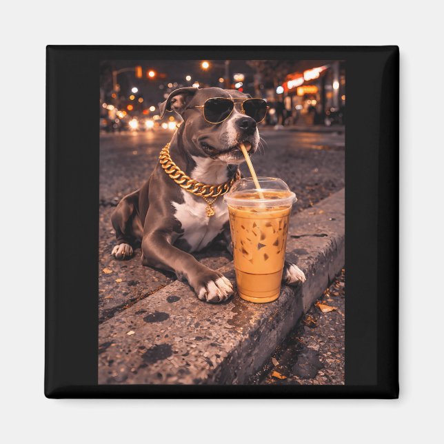 Rolig Cool Pitbull Hund Dricker Iced Kaffe Djur Magnet (Framsidan)