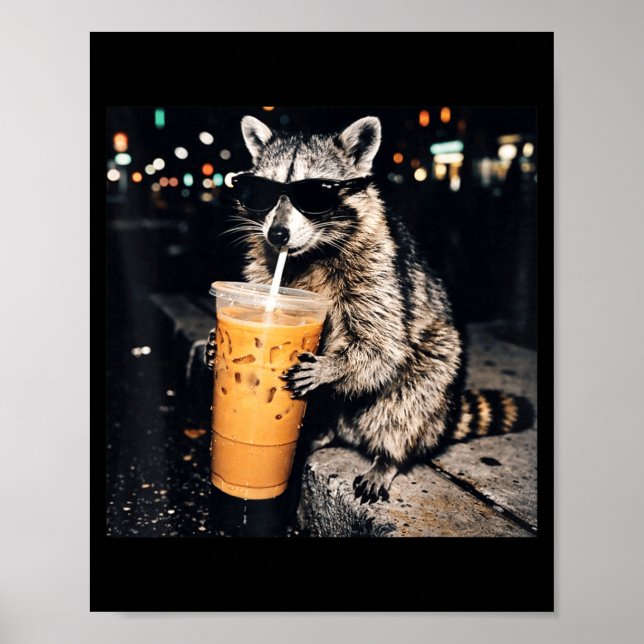 Rolig cool tvättbjörn dricker iskaffe djur mem poster (Framsidan)