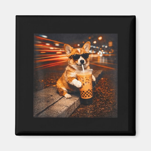 Rolig corgi dricker iskaffe söt hund meme magnet (Framsidan)