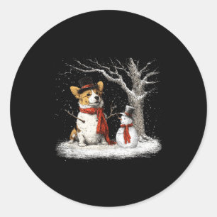 Rolig Corgi Hund I Snö Träd Jul Vinter Runt Klistermärke