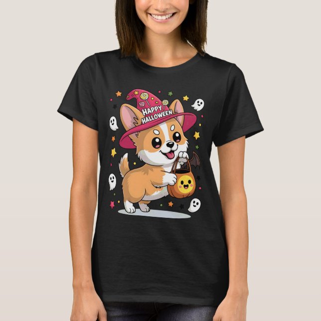 Rolig Corgi Hund Pumpa Spöke Godis Häxa Hallowee T Shirt (Framsida)