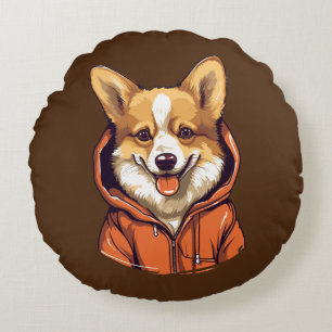 Rolig Corgi i Hoodie Rund Kudde