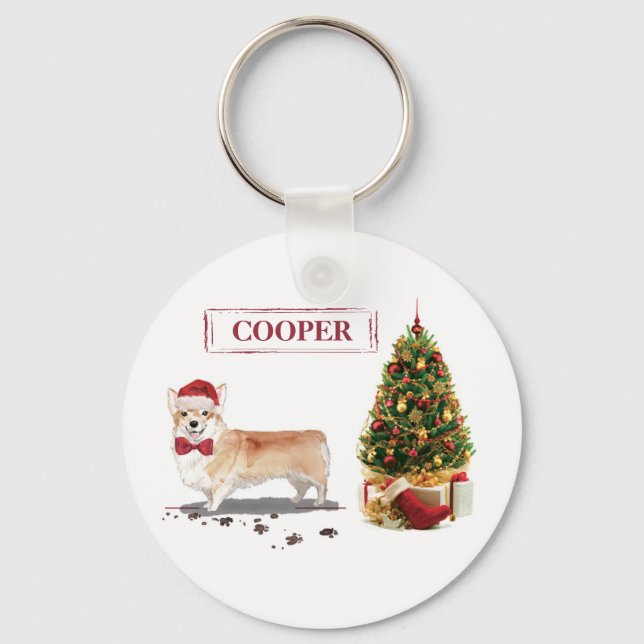 Rolig Corgi Julhund med Träd Nyckelring (Framsida)