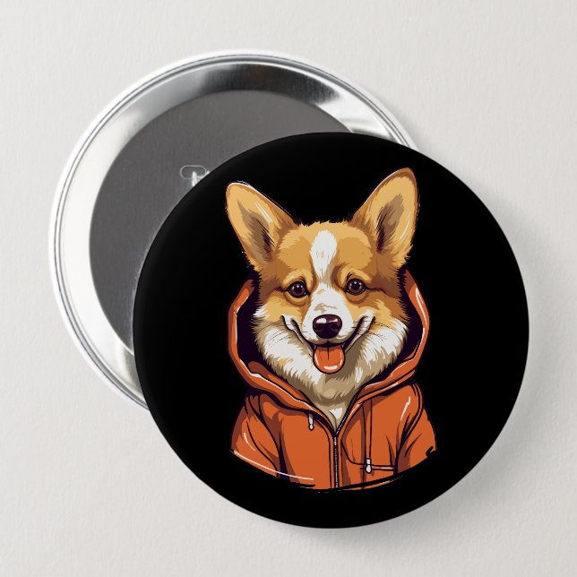 Rolig Corgi som bär Hoodie Knapp (Framsida & baksida)