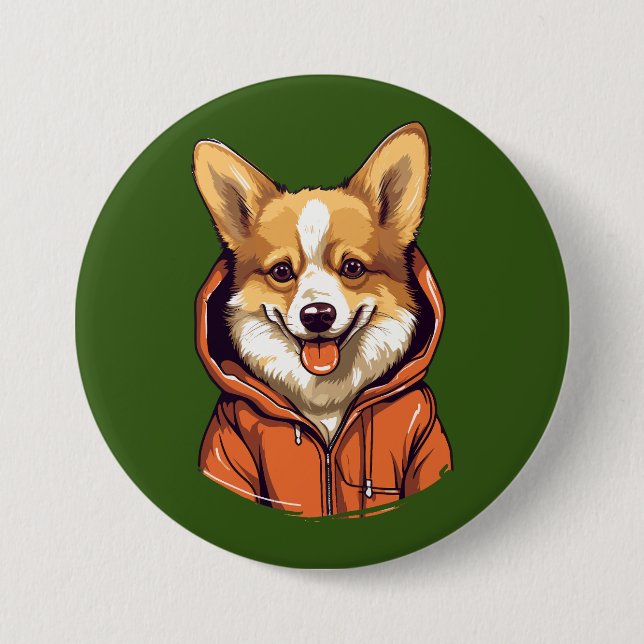 Rolig Corgi som bär Hoodie Knapp (Framsida)