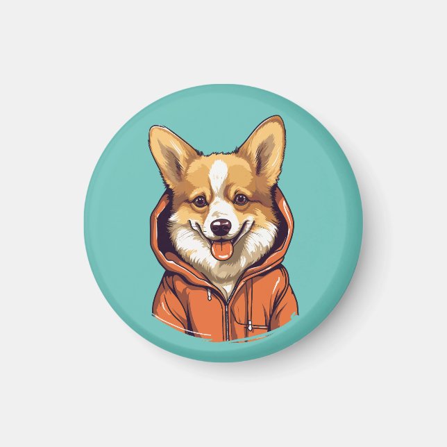Rolig Corgi som bär Hoodie Magnet (Framsidan)