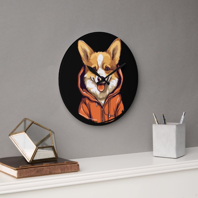 Rolig Corgi som bär Hoodie Stor Klocka (Kontor)