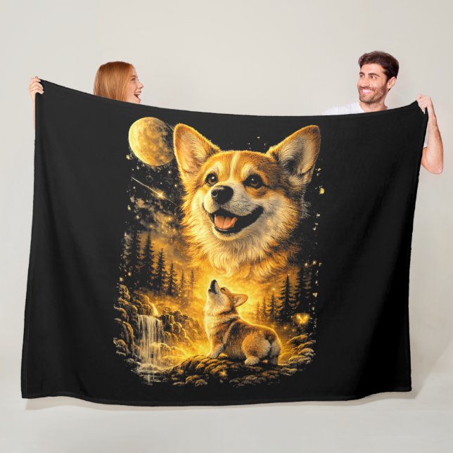 rolig corgi som ylar mot månen fleecefilt (På plats)