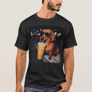 Rolig Dachshund Dricker Iced Coffee Hund Meme T Shirt