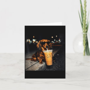 Rolig Dachshund Dricker Iced Coffee Söt Hund Meme Kort