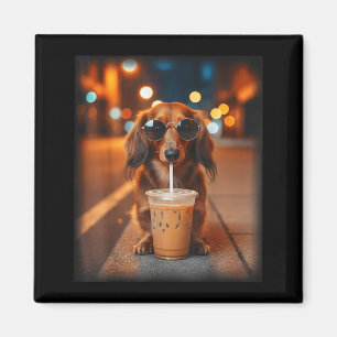 Rolig dachshund dricker iskaffe älskar hund magnet