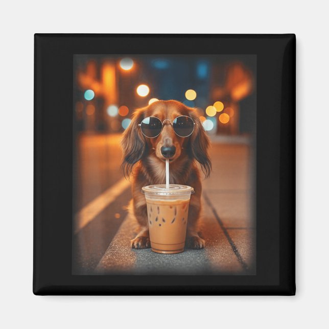 Rolig dachshund dricker iskaffe älskar hund magnet (Framsidan)