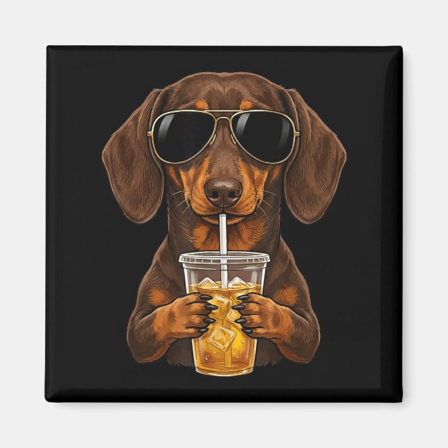 Rolig dachshund dricker iskaffe söt hund meme magnet (Framsidan)