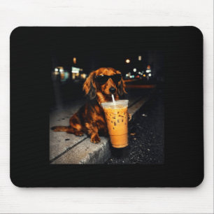 Rolig dachshund dricker iskaffe söt hund meme musmatta
