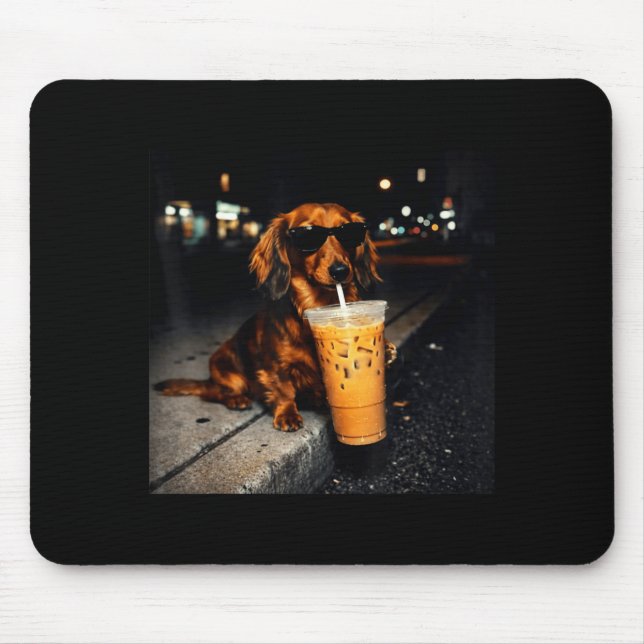 Rolig dachshund dricker iskaffe söt hund meme musmatta (Framsidan)