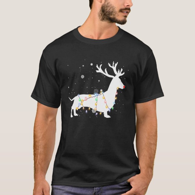 Rolig Dachshund Hund Träd Jul Belysning Xmas Pyjam T Shirt (Framsida)