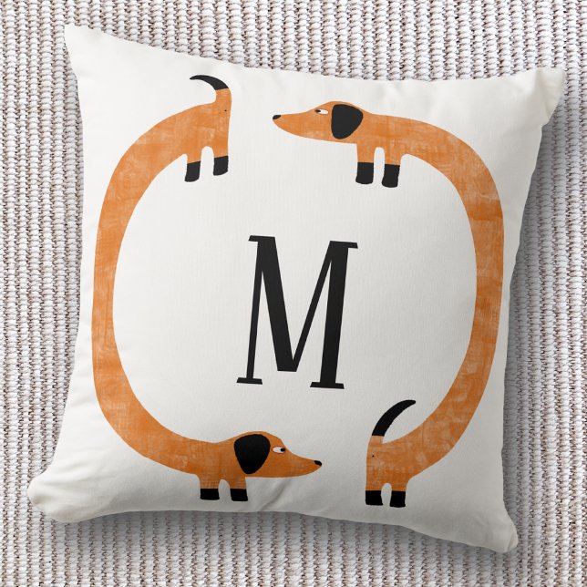 Rolig Dachshund Korv Hund Monogram Kudde (Fun Dachshund wiener dog personalized monogram initial throw pillow)