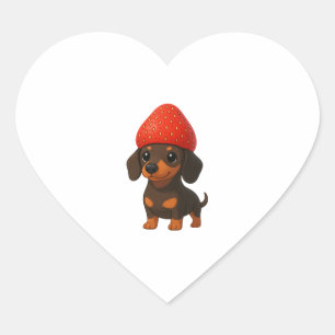 Rolig dachshund med jordgubbar och hatt fruktig hjärtformat klistermärke