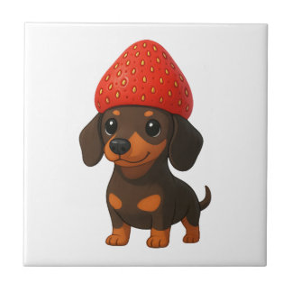 Rolig dachshund med jordgubbar och hatt fruktig kakelplatta
