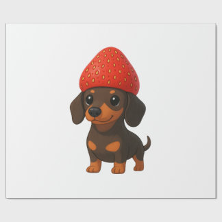 Rolig dachshund med jordgubbar och hatt fruktig presentpapper