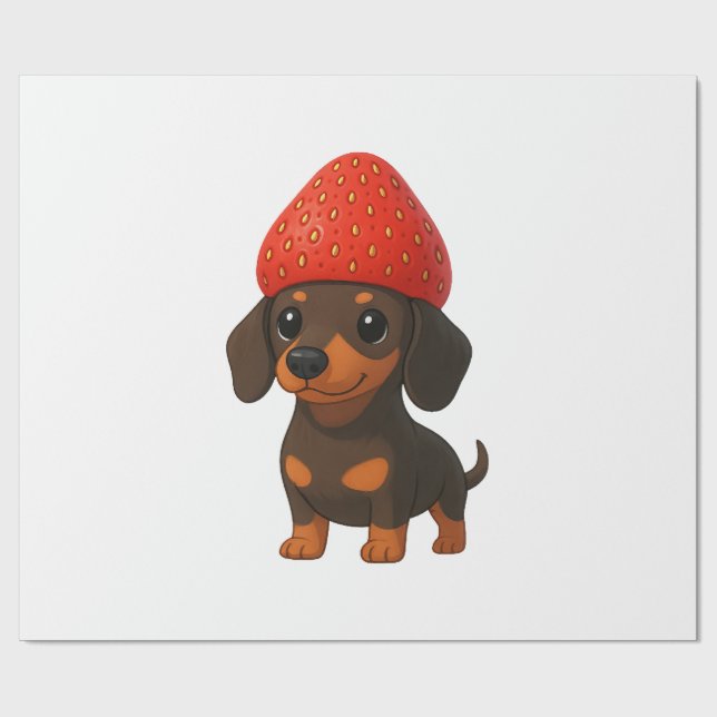 Rolig dachshund med jordgubbar och hatt fruktig presentpapper (Platt)