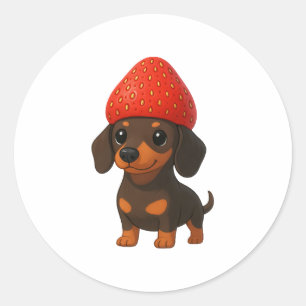 Rolig dachshund med jordgubbar och hatt fruktig runt klistermärke