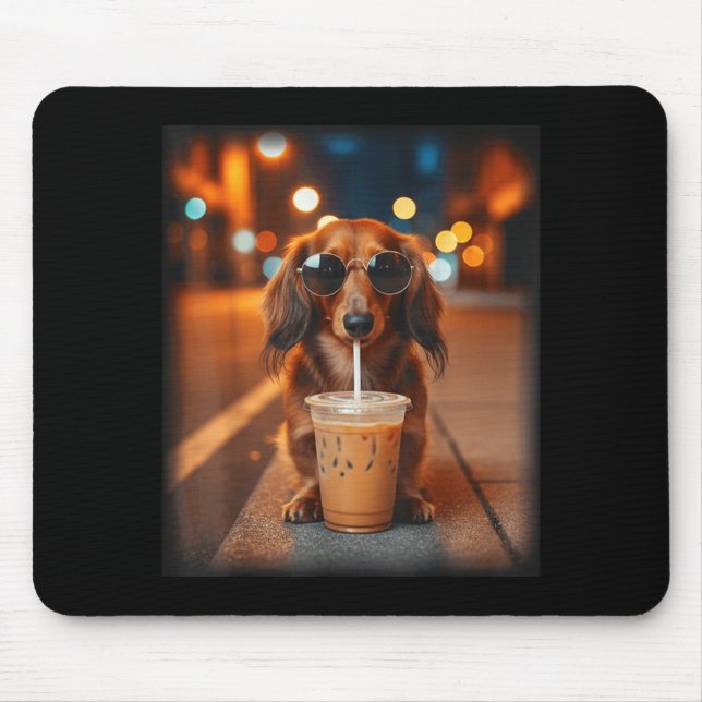 Rolig dachshund som dricker iskaffe älskar hund musmatta (Framsidan)
