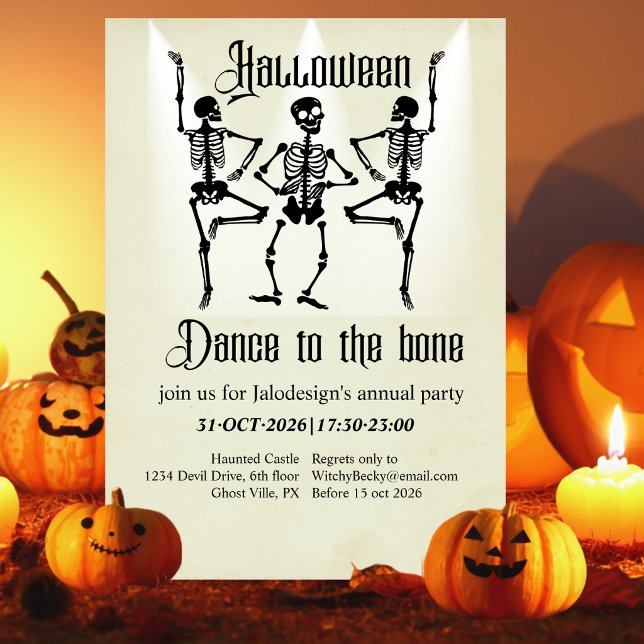 Rolig dansande svart skelett Halloween-fest Inbjudningar (Skapare uppladdad)