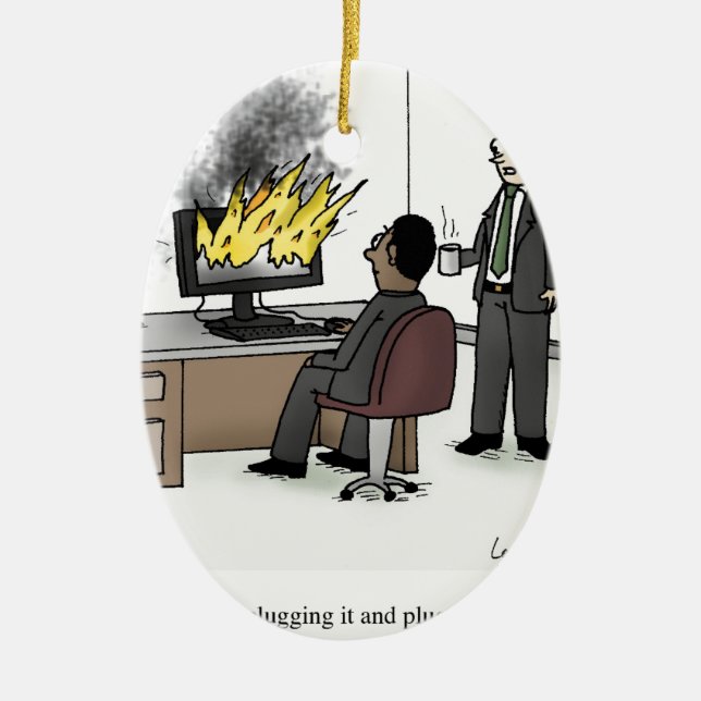 Rolig dator och teknologikontorstecknad julgransprydnad keramik (Framsidan)