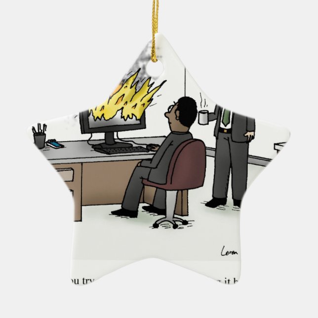 Rolig dator och teknologikontorstecknad julgransprydnad keramik (Framsidan)