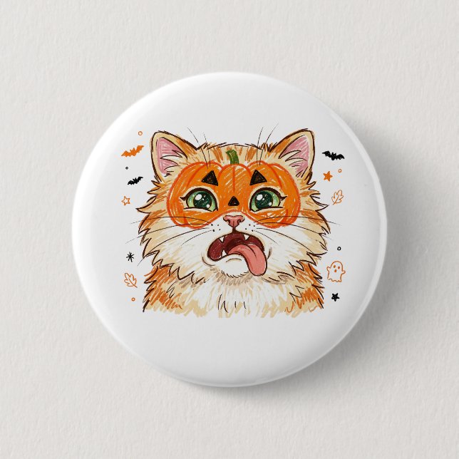 Rolig Derpy Halloween Katt med Pumpa Ansiktsmålnin Knapp (Framsida)