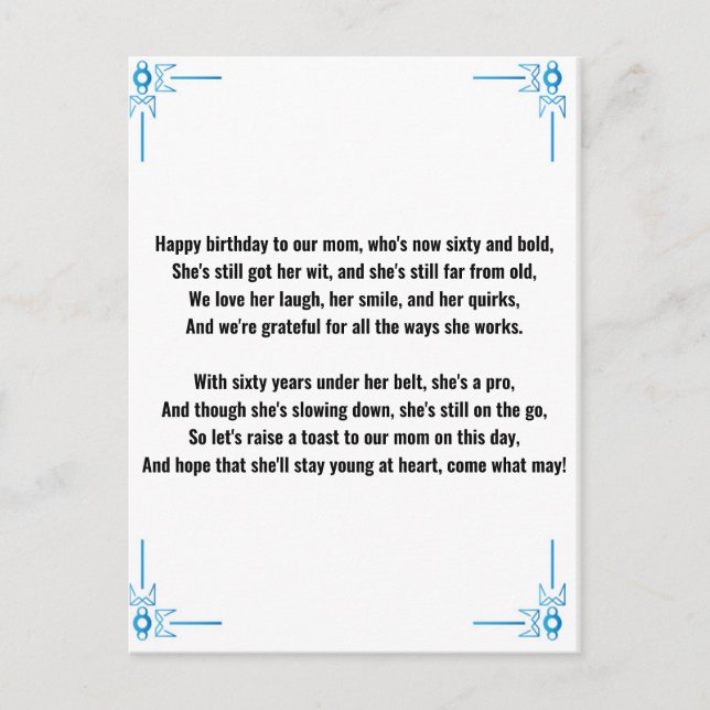 Rolig dikt för 60-årig kvinna vykort (Framsida)