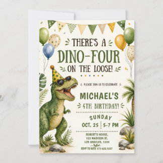 Rolig dinosaur 4-års födelsedag - Dino Fyra Födels Inbjudningar