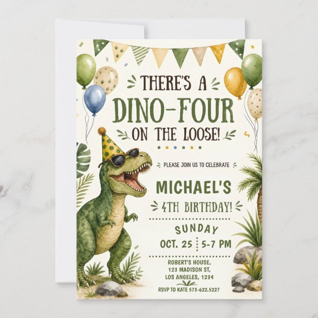 Rolig dinosaur 4-års födelsedag - Dino Fyra Födels Inbjudningar (Framsida)
